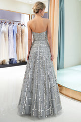 Elegant Strapless A-Line Long Evening Dresses | Sequins Floor Length Evening Gowns Online