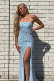 Elegant Strapless Appliques Sky Blue High-Split Mermaid Prom Dresses