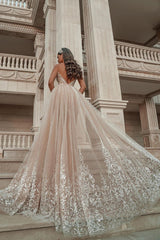 Elegant Strapless Tulle Nude Pink Sequins Beach Wedding Dresses With Detachable Skirt