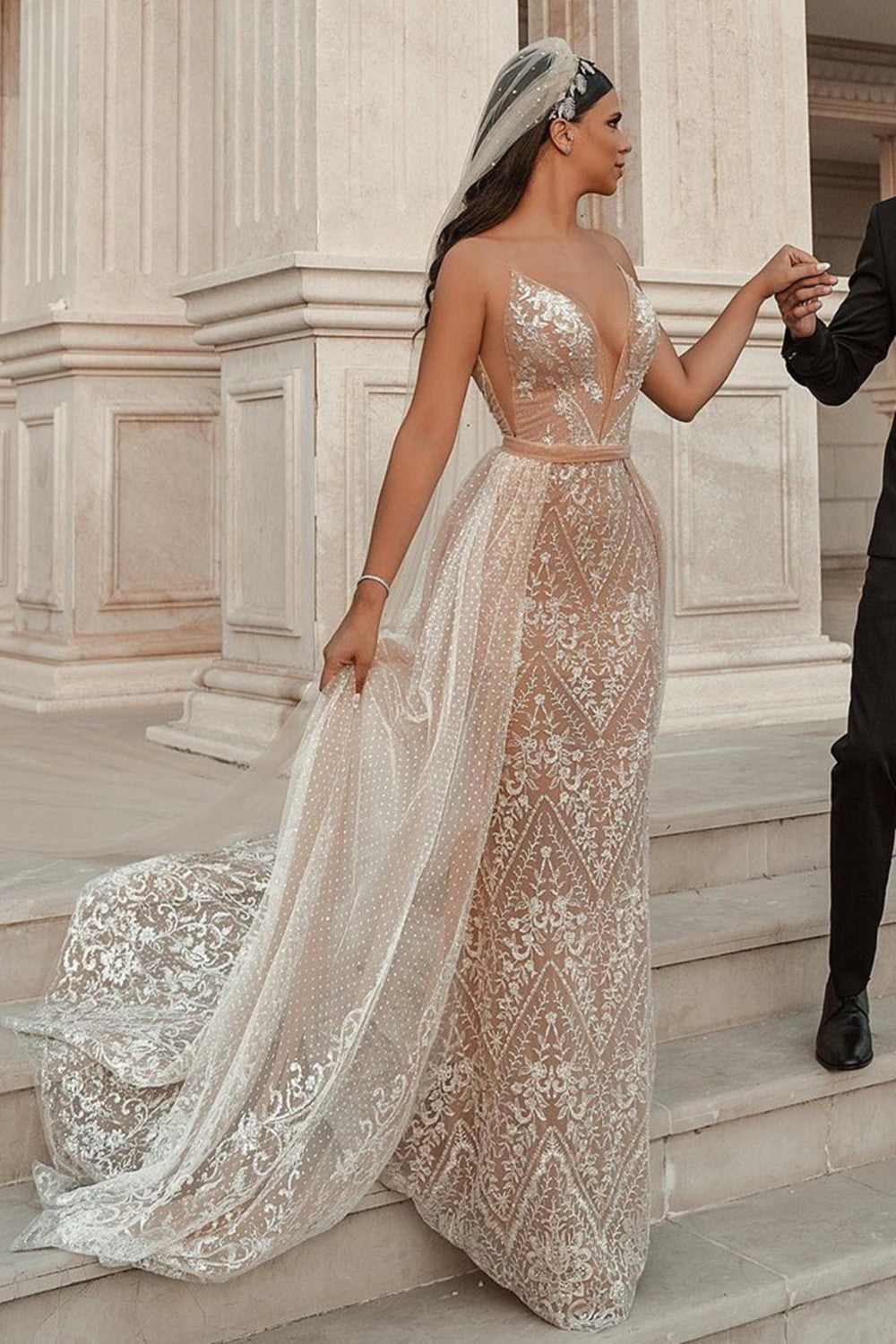 Elegant Strapless Tulle Nude Pink Sequins Wedding Dresses With Detachable Skirt