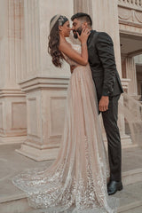 Elegant Strapless Tulle Nude Pink Sequins Wedding Dresses With Detachable Skirt