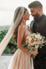 Elegant Strapless Tulle Nude Pink Sequins Wedding Dresses With Detachable Skirt