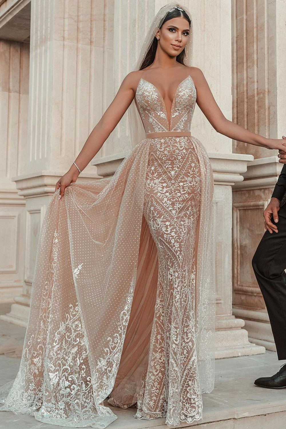 Elegant Strapless Tulle Nude Pink Sequins Wedding Dresses With Detachable Skirt