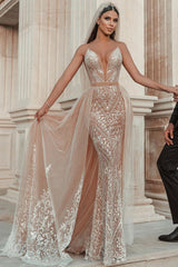 Elegant Strapless Tulle Nude Pink Sequins Wedding Dresses With Detachable Skirt