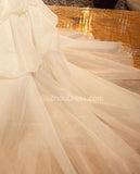 Elegant Strapless White Wedding Dresses Court Train Tiered Ball Gowns with Beading