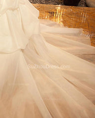Elegant Strapless White Wedding Dresses Court Train Tiered Ball Gowns with Beading