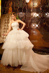 Elegant Strapless White Wedding Dresses Court Train Tiered Ball Gowns with Beading