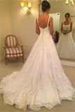 Elegant Straps A-line Wedding Dresses | Lace Appliques Open Back Bridal Gowns with Buttons