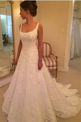 Elegant Straps A-line Wedding Dresses | Lace Appliques Open Back Bridal Gowns with Buttons