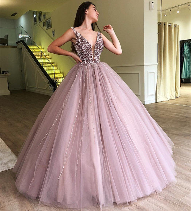 Elegant Straps Sleeveless Ball Gown Evening Dress | Floor-Length Beading Tulle Prom Dresses