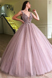 Elegant Straps Sleeveless Ball Gown Evening Dress | Floor-Length Beading Tulle Prom Dresses