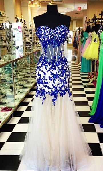 Elegant Sweetheart Royal Blue Prom Dress Crystal Tulle Long Formal Occasion Dresses