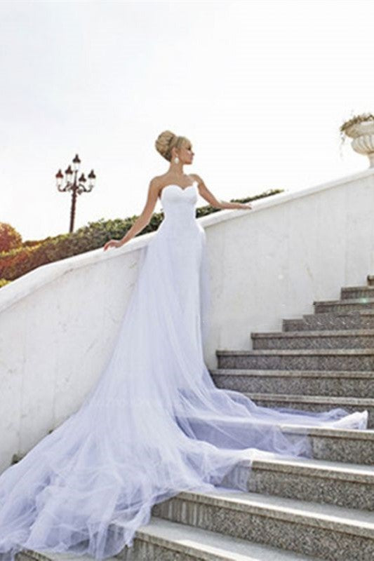 Elegant Sweetheart Tulle Wedding Dresses White A-Line Court Train Bridal Gowns