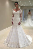 Elegant Tulle Long Sleeves Wedding Dresses | V-Neck Mermaid Appliques Bridal Gown