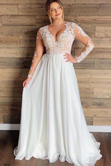 Elegant Tulle See-Through Lace Wedding Dresses With Long Sleeves