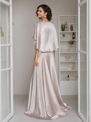Elegant V Neck A Line Long Mother of the Bride Dress with Short Cape Sleeves and Ruffle