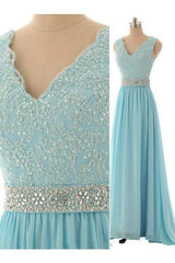 Elegant V-Neck Beading Long Prom Dress A-Line Crystal Chiffon Evening Gown