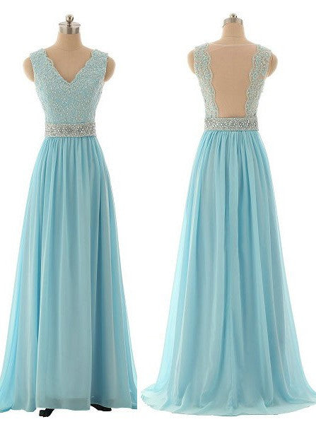 Elegant V Neck Beading Long Wedding Guest Dress A Line Crystal Chiffon Evening Gown