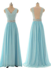 Elegant V Neck Beading Long Wedding Guest Dress A Line Crystal Chiffon Evening Gown