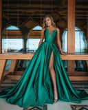 Elegant V Neck Jade Green Front-Split Ruffles Prom Dresses