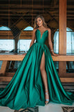 Elegant V Neck Jade Green Front-Split Ruffles Prom Dresses