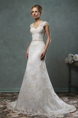Elegant V-Neck Lace Bridal Gown Short Sleeve Custom Made Wedding Dress