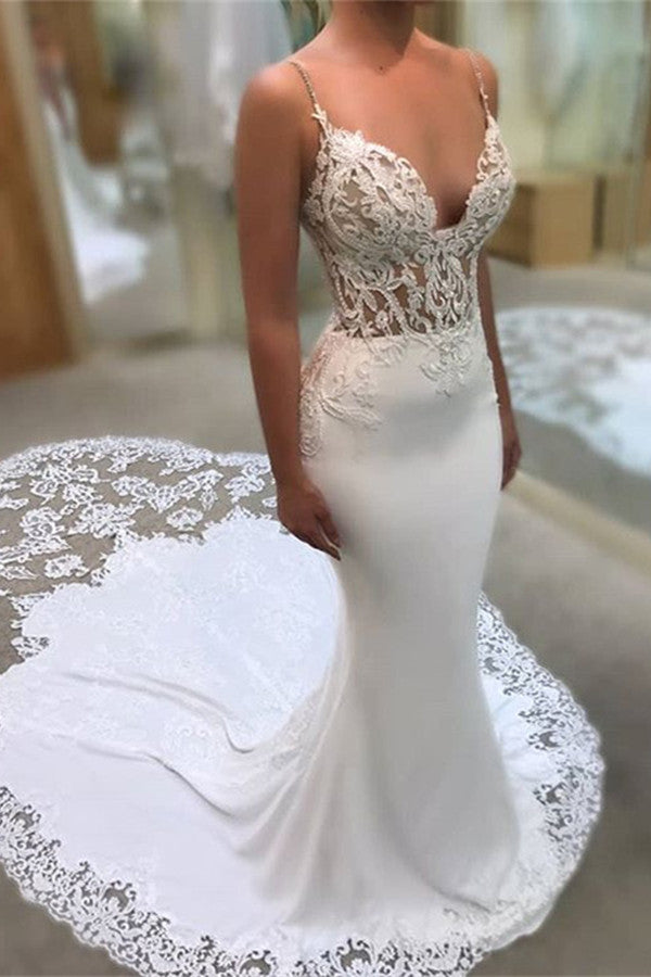 Elegant V-Neck Lace Mermaid Wedding Dress Long Spaghetti-Straps Bridal Gowns