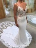 Elegant V-Neck Lace Mermaid Wedding Dress Long Spaghetti-Straps Bridal Gowns