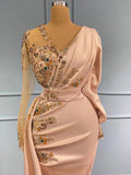 Elegant V-Neck Long Sleeves Mermaid Prom Dress with Gold Sequins Appliques
