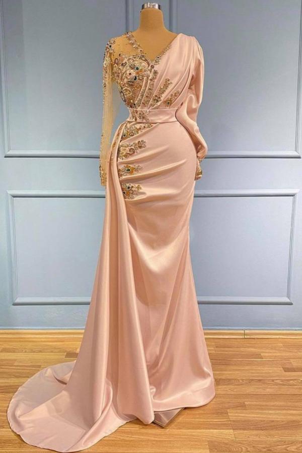 Elegant V-Neck Long Sleeves Mermaid Prom Dress with Gold Sequins Appliques