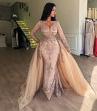 Elegant V-Neck Long Sleeves Tulle Evening Dresses | Sexy Mermaid Appliques Prom Dresses with Detachable Skirt BC0179