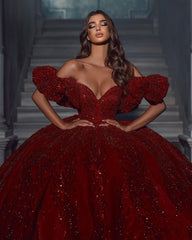 Elegant V-Neck Sleeveless Off-The-Shoulder Sequined Bridal Dress with Ruffles