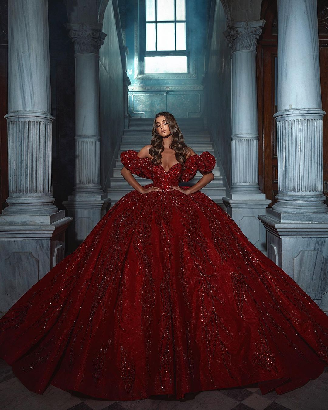 Elegant V-Neck Sleeveless Off-The-Shoulder Sequined Bridal Dress with Ruffles