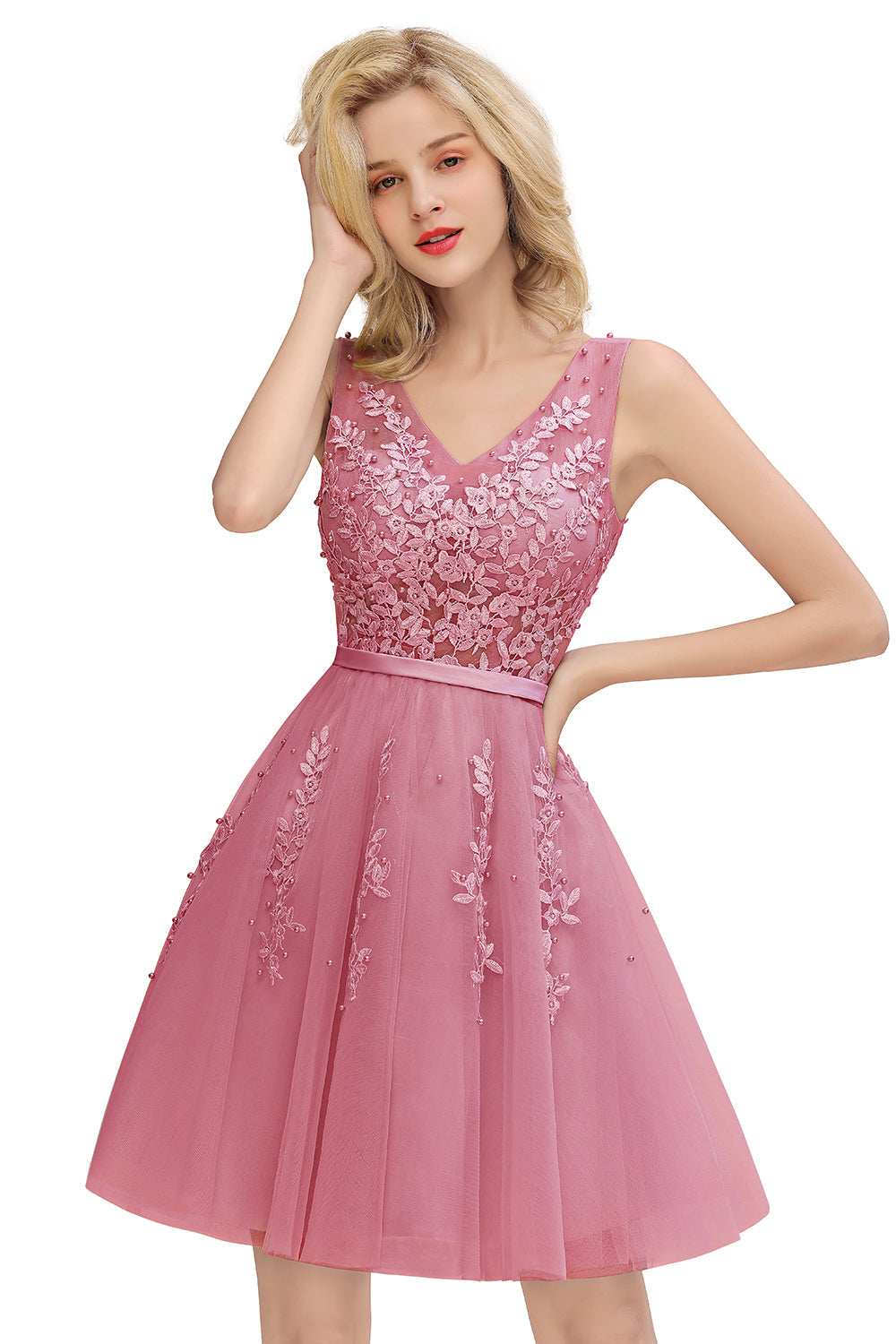Elegant V-Neck Sleeveless Short Prom Dress | Mini Homecoming Dress With Lace Appliques