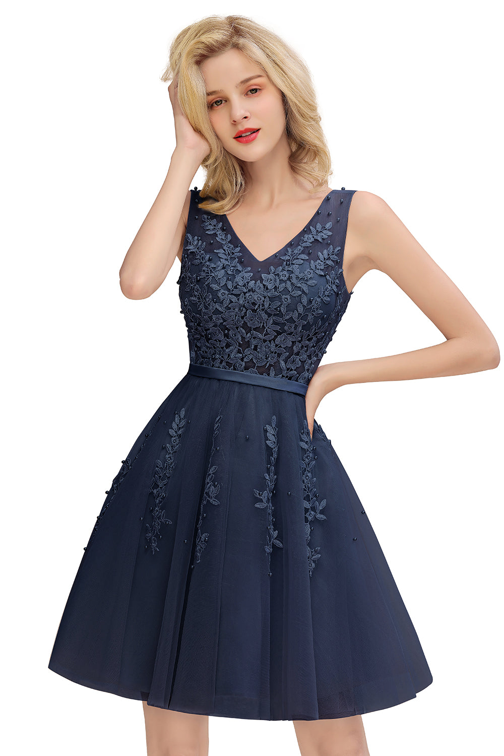 Elegant V-Neck Sleeveless Short Prom Dress | Mini Homecoming Dress With Lace Appliques
