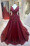 Elegant V-Neck Tulle Lace Long Sleeves Prom Dress with Beadings On Sale