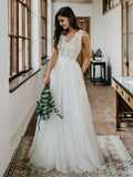 Elegant V Neck Tulle White Lace Sleeveless A-Line Wedding Dresses