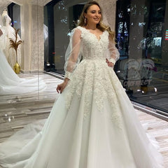 Elegant V Neck White Lace Wedding Dress Long