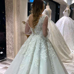 Elegant V Neck White Lace Wedding Dress Long