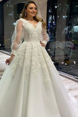Elegant V Neck White Lace Wedding Dress Long