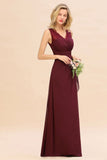 Elegant V-Neck aline Bridesmaid Dress Burgundy Backless Chiffon Party Dress