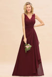 Elegant V-Neck aline Bridesmaid Dress Burgundy Backless Chiffon Party Dress
