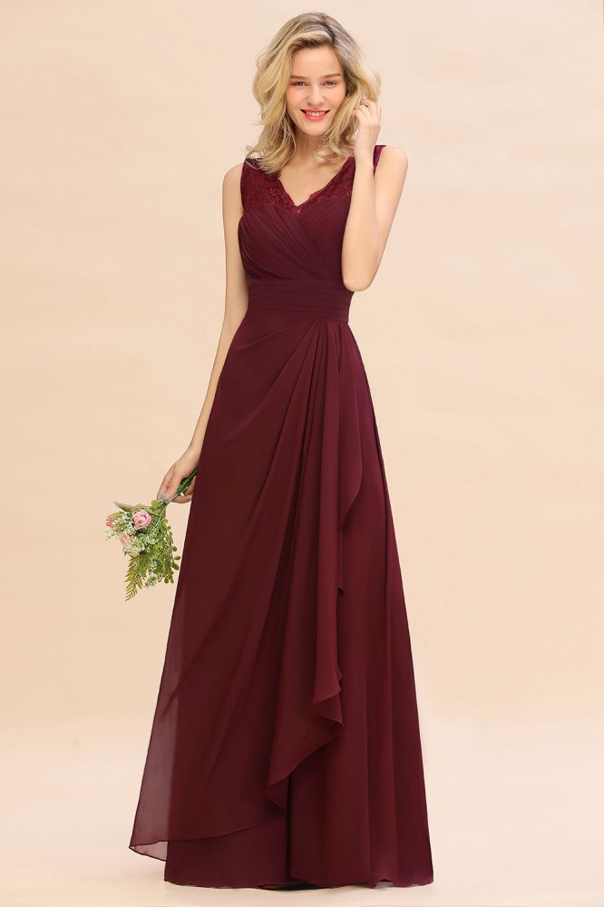 Elegant V-Neck aline Bridesmaid Dress Burgundy Backless Chiffon Party Dress