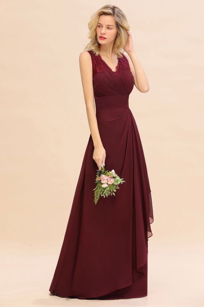 Elegant V-Neck aline Bridesmaid Dress Burgundy Backless Chiffon Party Dress