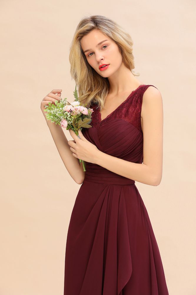 Elegant V-Neck aline Bridesmaid Dress Burgundy Backless Chiffon Party Dress