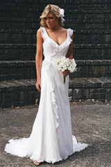 Elegant V-neck Chiffon Wedding Dress Summer Beach Ruffles Sleeveless Bridal Dresses