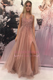 Elegant V-neck Crystal Prom Dress | Sleeveless Side-Slit Tulle A-line Evening Dress