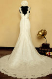 Elegant V-neck Lace Wedding Dress Mermaid Long Train Bridal Gowns with Beading Sash