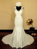 Elegant V-neck Lace Wedding Dress Mermaid Long Train Bridal Gowns with Beading Sash