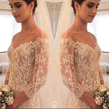 Elegant V-neck Lace Wedding Dresses 3/4 Sleeves Tulle Sheath Wedding Gown